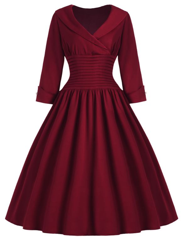 Robe Amincissante à Col Rabattu à Manches 3/4 Vintage pour Femme - Rouge vineux L