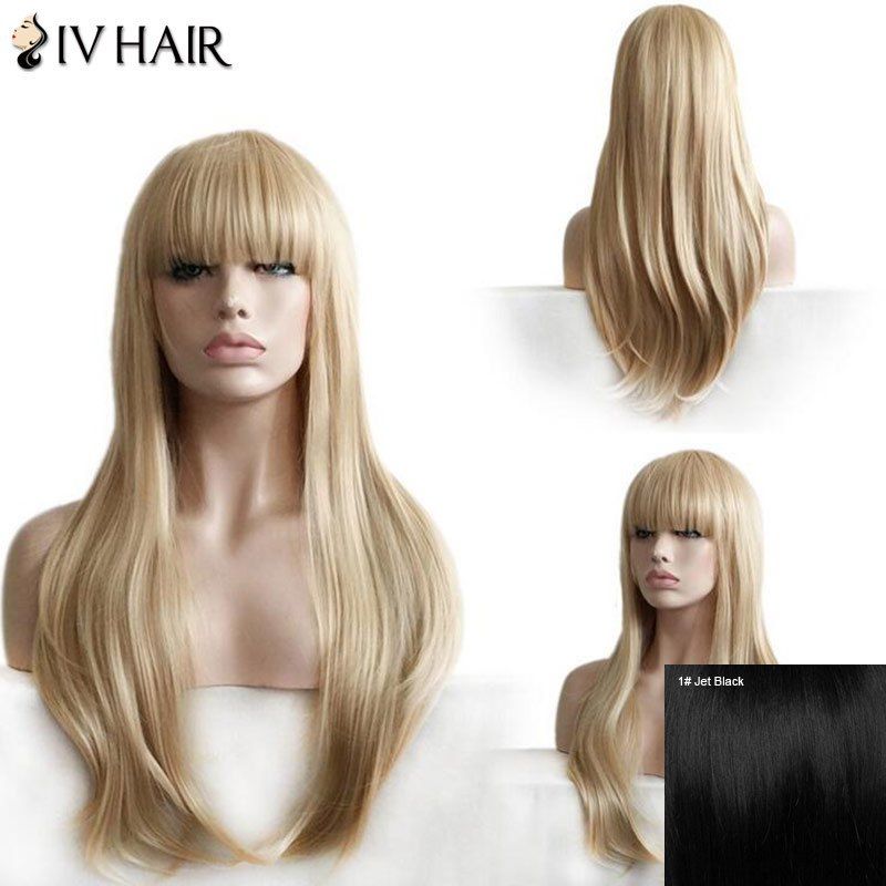 

Siv Hair Full Bang Layered Straight Long Human Hair Wig, Jet black #01
