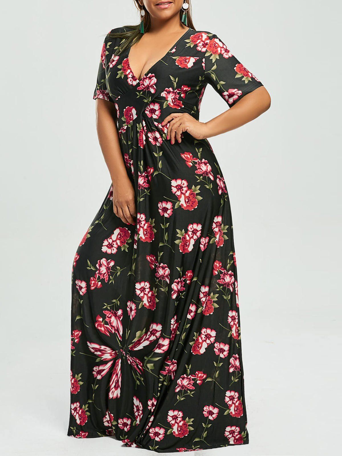 

Plus Size Floral V Neck Maxi Bohemian Dress, Black