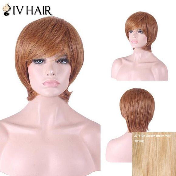 Siv Hair Perruque de Cheveux Humains Courte Lisse avec Frange Inclinée - Brun d'Or avec Blonde 
