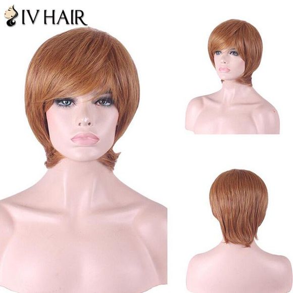 Siv Hair Perruque de Cheveux Humains Courte Lisse avec Frange Inclinée - Aubrun Brun 30 