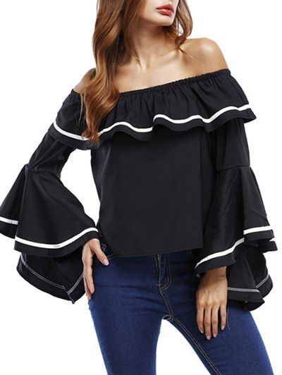 

Off The Shoulder Bell Sleeve Ruffle Blouse, Black