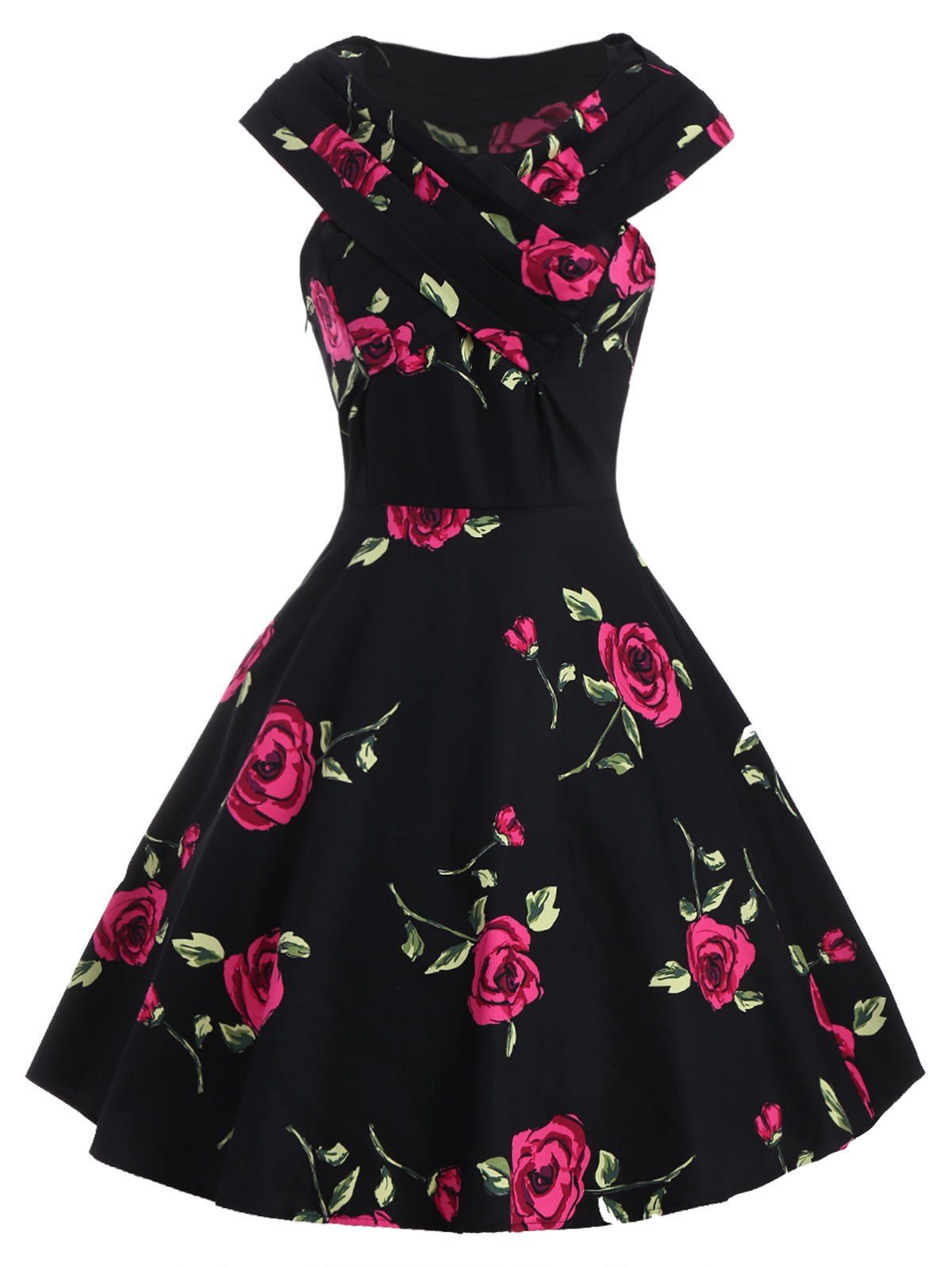 Retro Style Rose Print V-Neck Short Sleeve Ball Dress For Women - RED M