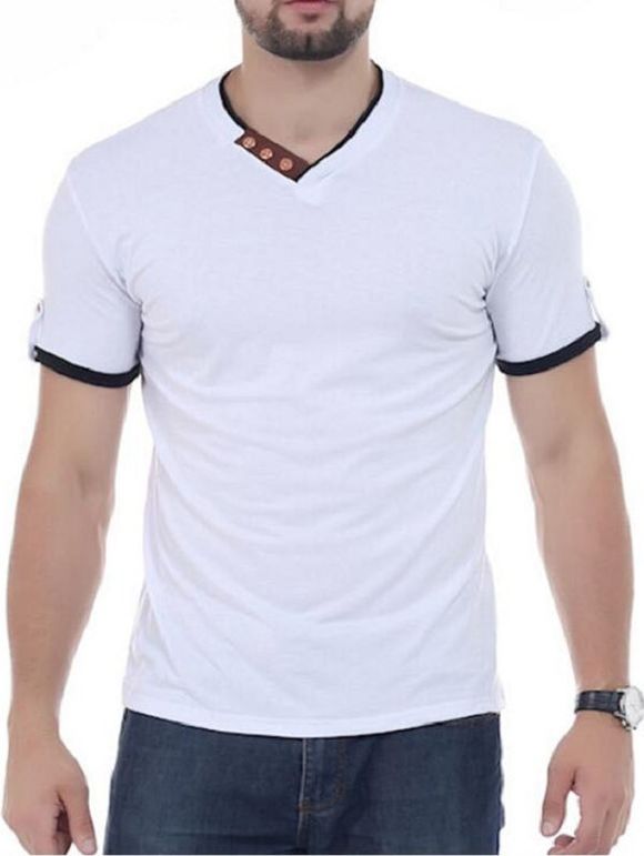 T-shirt à Col en V Orné de Boutons - Blanc XL