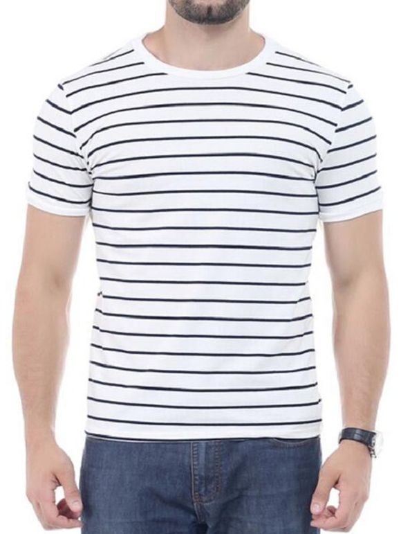 T-shirt Ras du Cou à Rayures Manches Courtes - Blanc XL