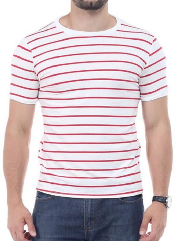 T-shirt Ras du Cou à Rayures Manches Courtes - Rouge XL