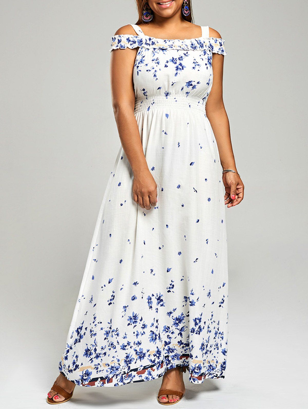 17 Off 2020 Plus Size Floral Print Cold Shoulder Maxi Dress In White