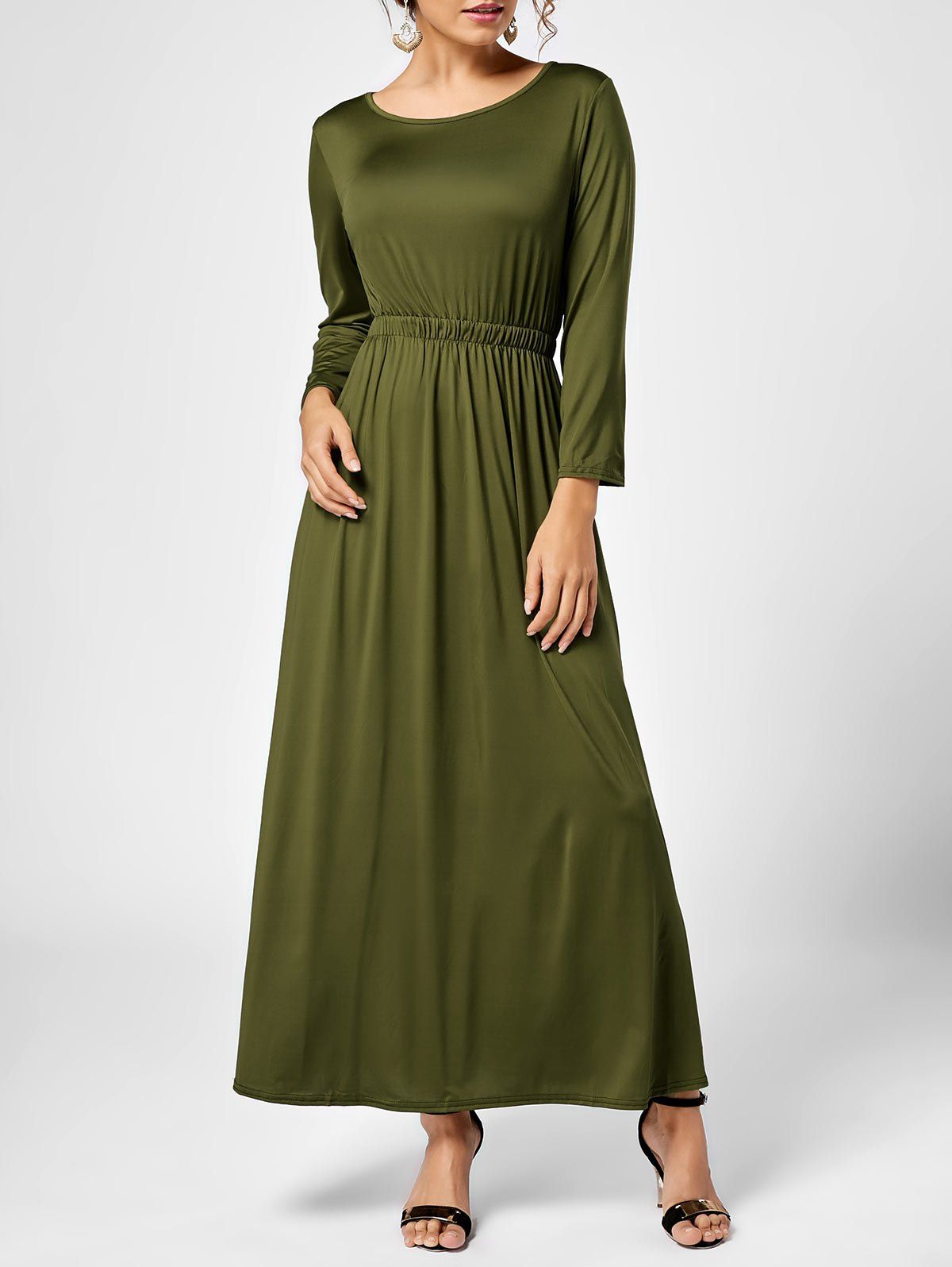 

A Line Long Sleeve Long Dress, Army green