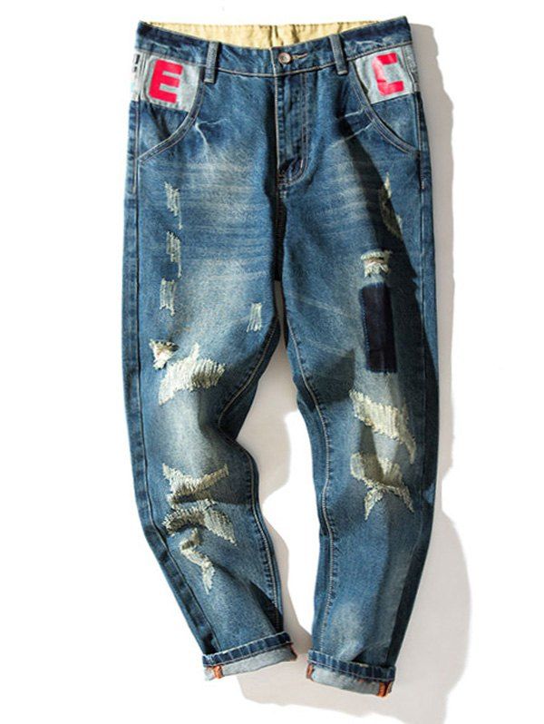

Zipper Fly Panel Camouflage Graphic Print Ripped Jeans, Blue