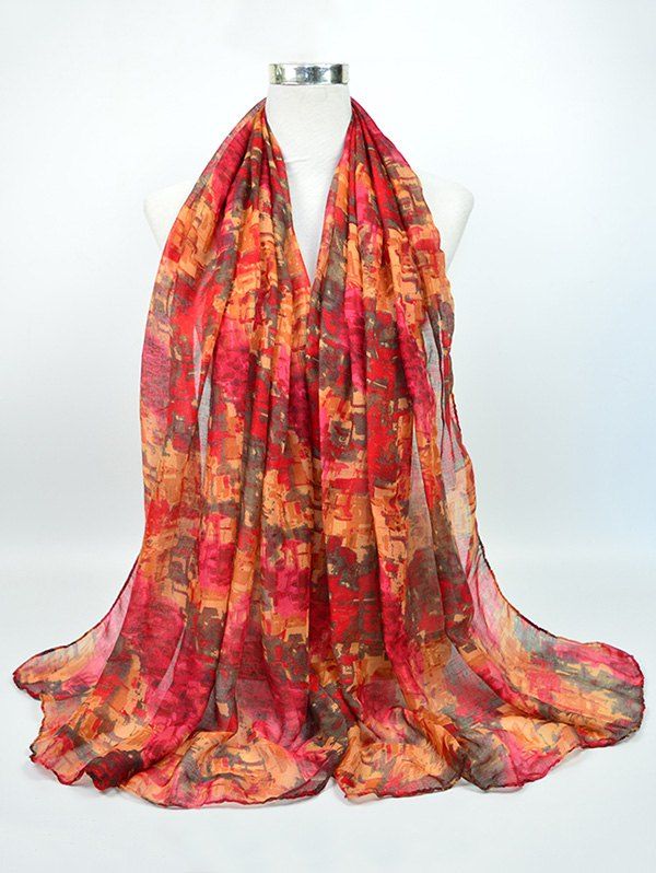 

Voile Gossamer Nostalgic Pattern Shawl Scarf, Red