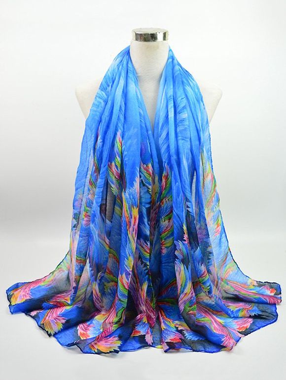 Écharpe en Voile Gossamer à Imprimé Aquarelle Multicolores - Bleu 