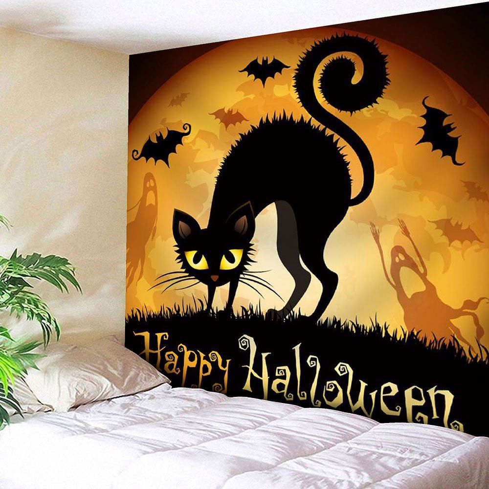 

Waterproof Halloween Cat Bat Print Wall Tapestry, Black