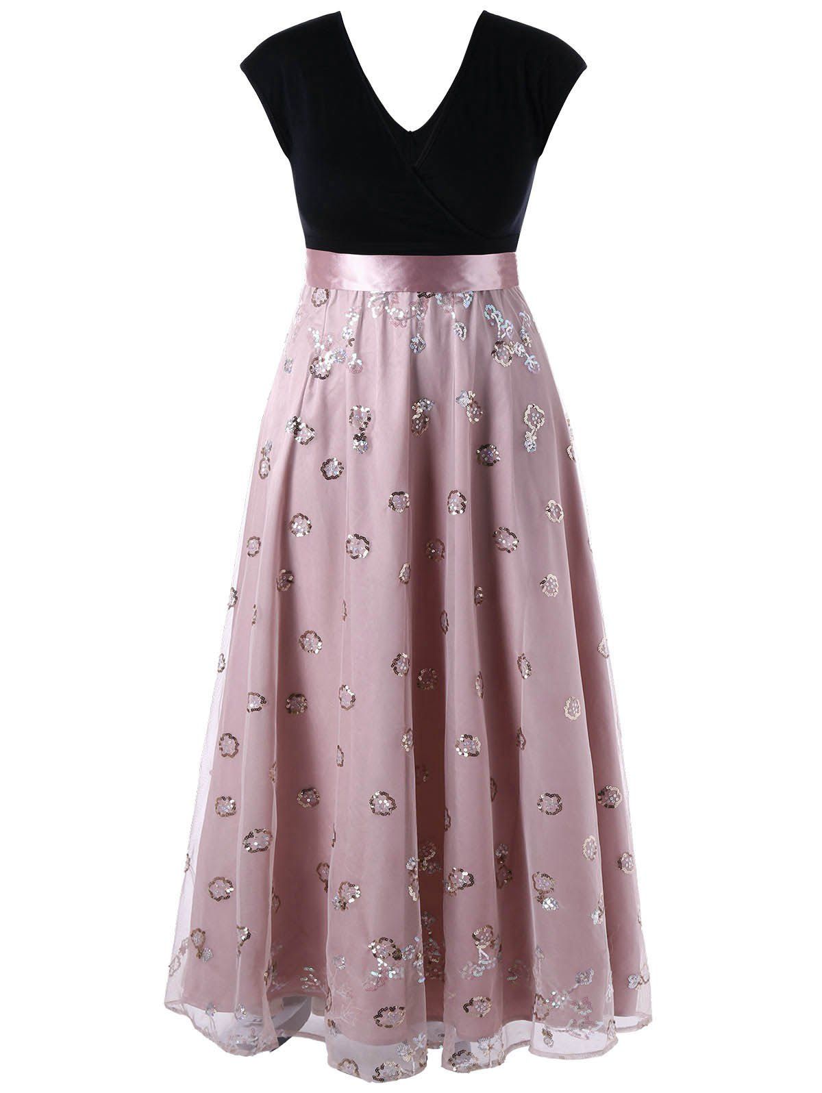 2017 Plus Size Sequined Decorated Tulle Evening Dress PALE PINKISH GREY