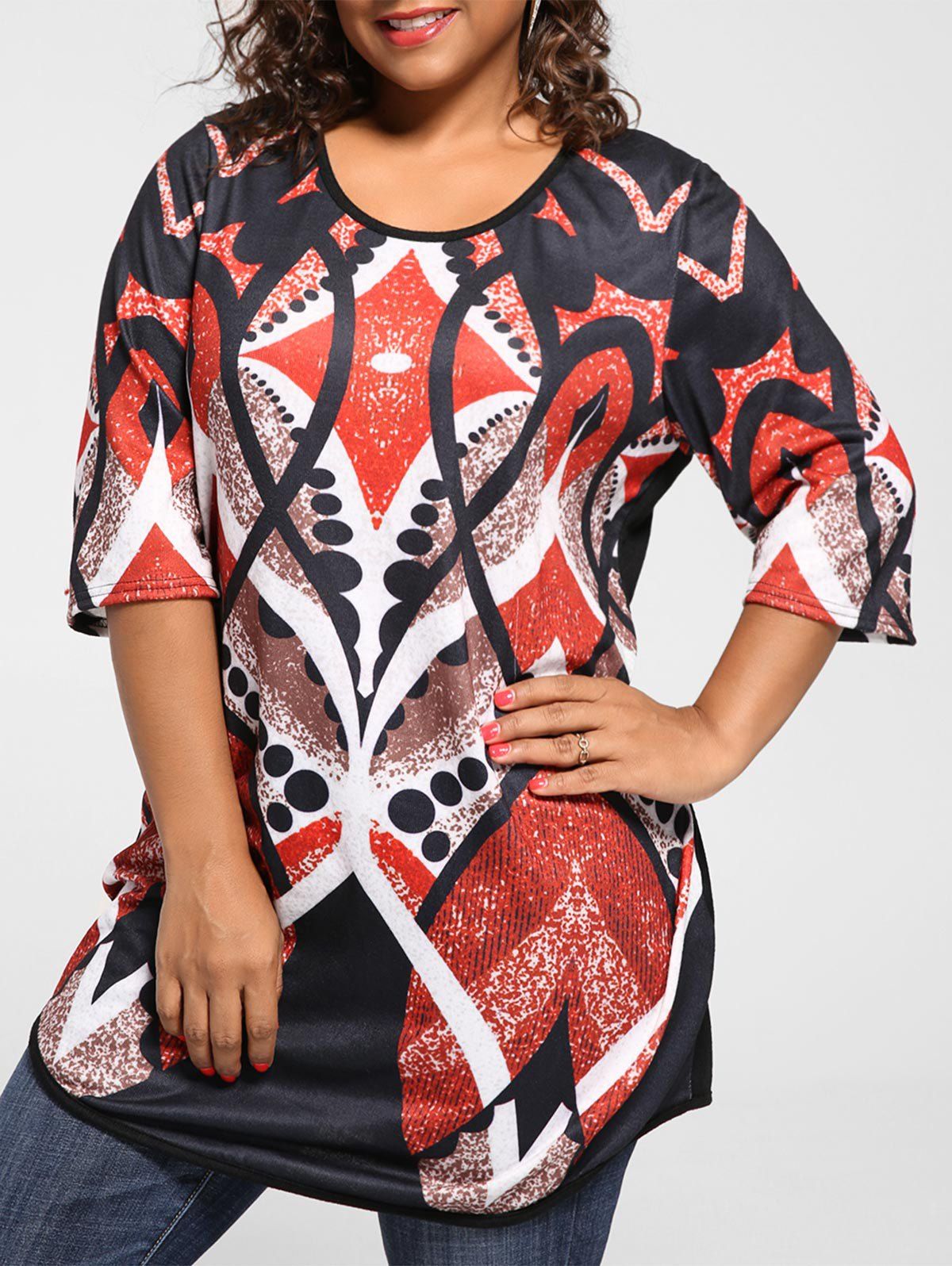 

Plus Size Print Knit Tunic Top, Red