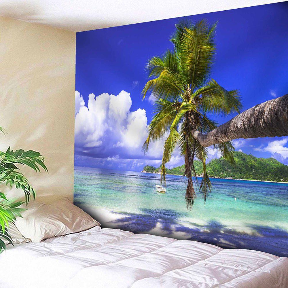 

Wall Hanging Seaside Coconut Tree Print Tapestry, Deep blue