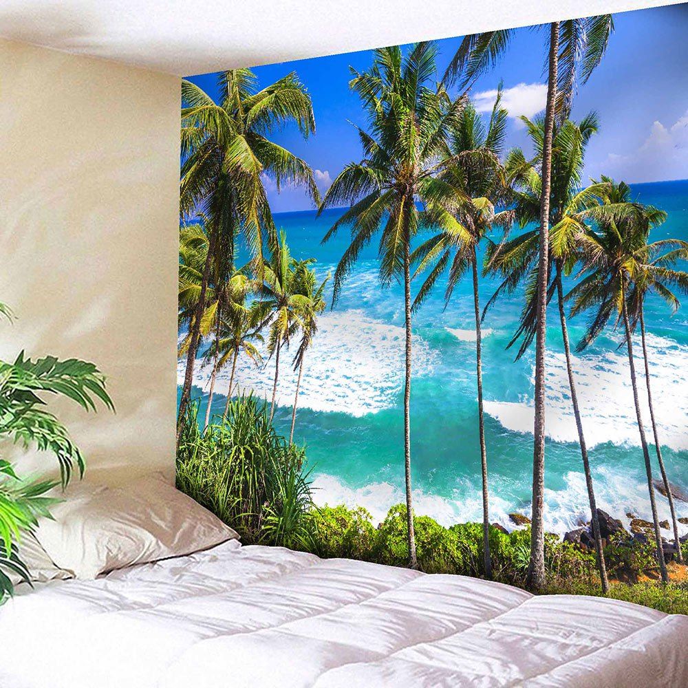 

Wall Hanging Seaside Coconut Tree Print Tapestry, Sapphire blue