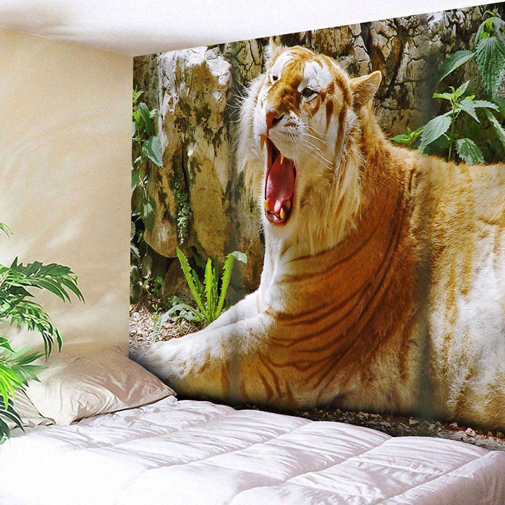 

Yawning Tiger Printed Tapestry Microfiber Wall Hanging, Gold brown