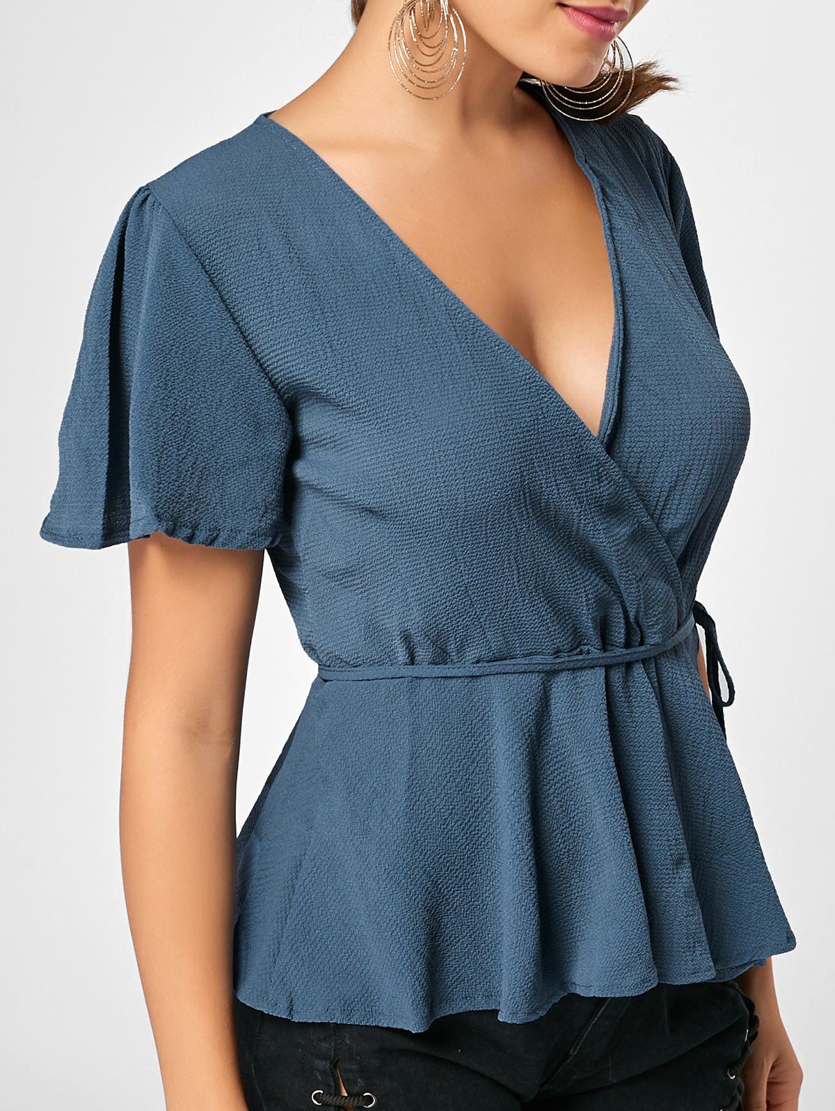 

Textured Peplum Surplice Top, Blue gray