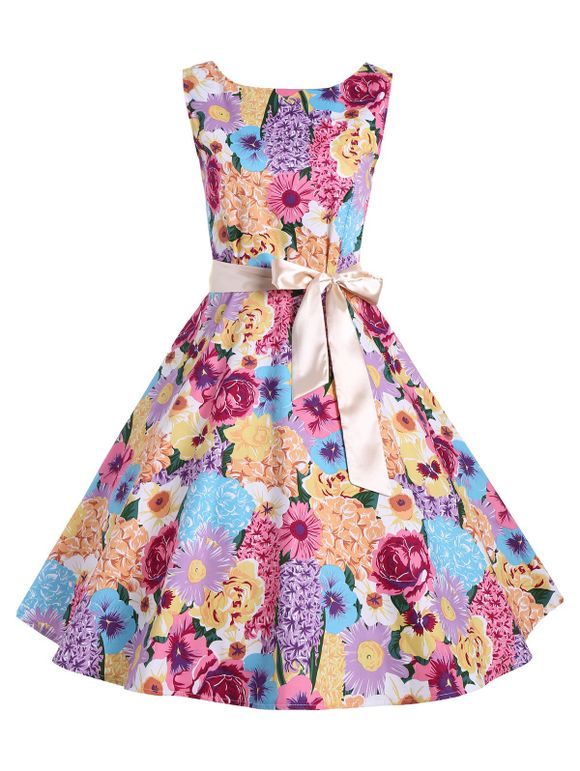 Backless Floral Print Vintage A Line Dress - multicolore M