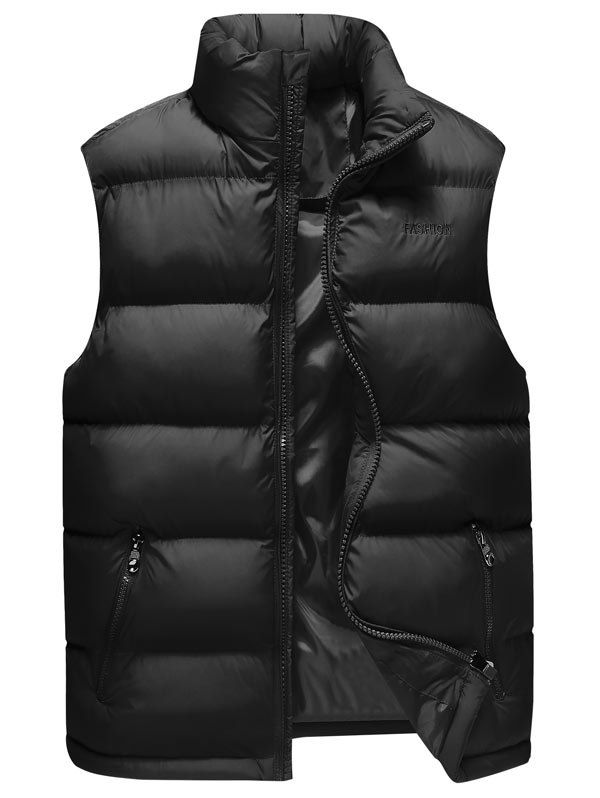 

Zipper Pocket Embroidered Quilted Vest, Black