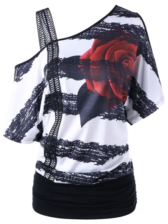 T-shirt Imprimé Floral à Épaules Dénudées - Blanc Noir 2XL