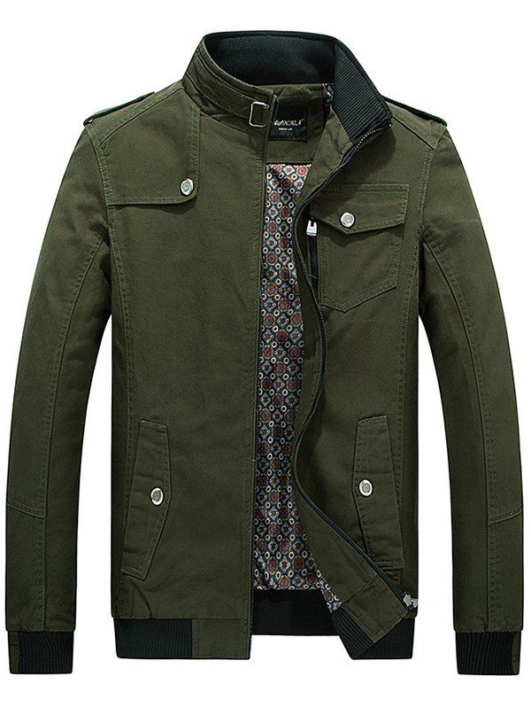 

Flap Pocket Front Stand Collar Jacket, Green