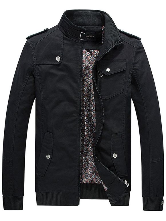 Flap Pocket Front Stand Collar Jacket - Noir 2XL