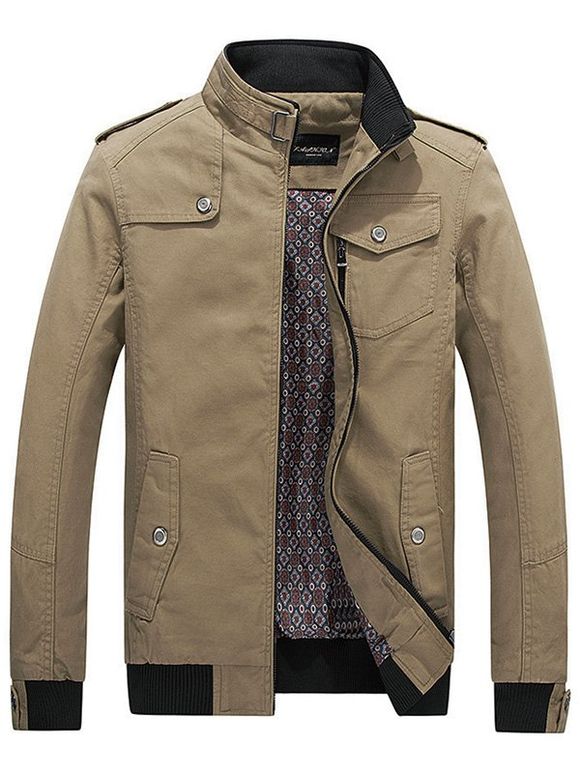 Flap Pocket Front Stand Collar Jacket - Kaki XL