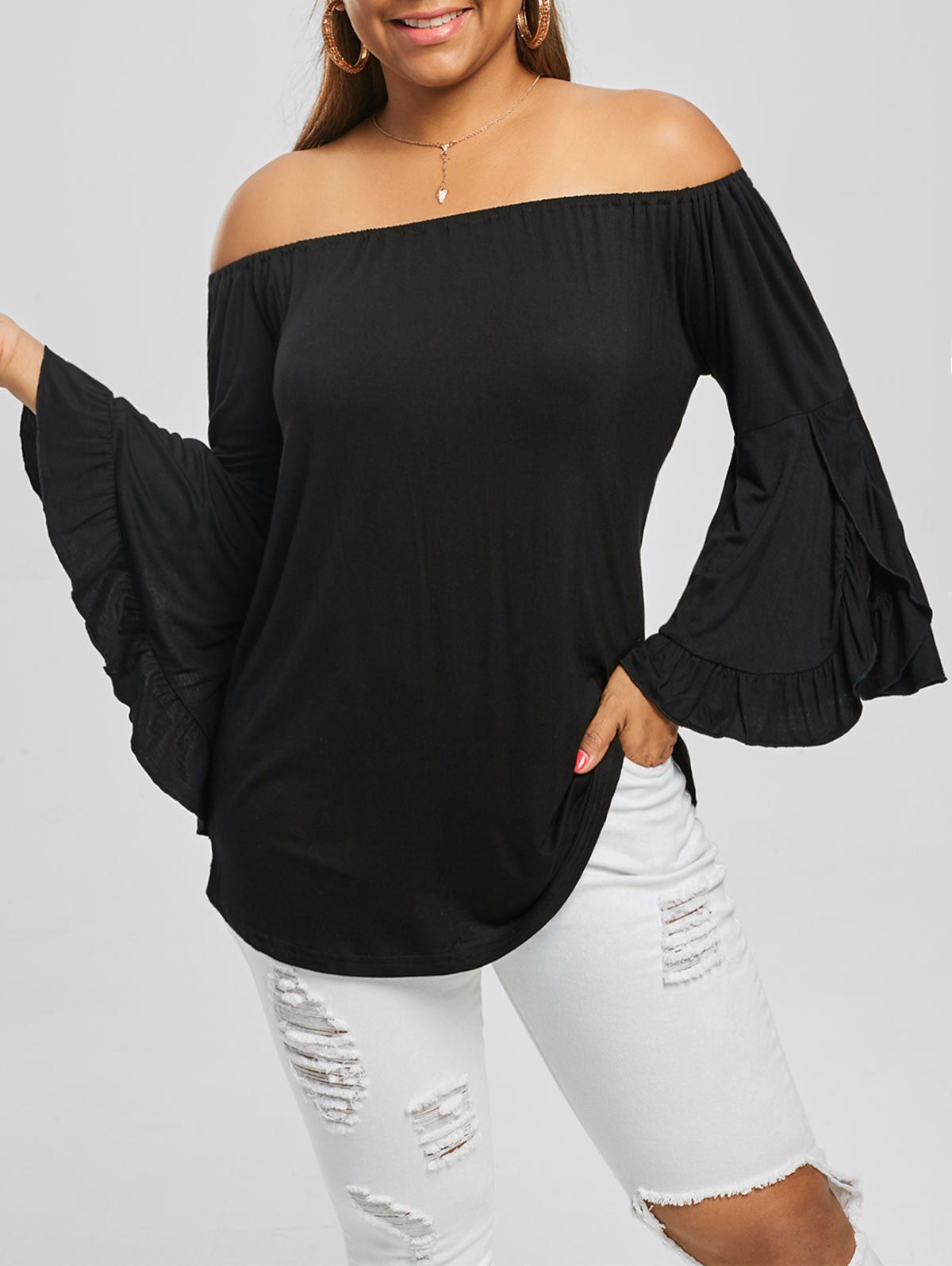 

Flare Sleeve Off The Shoulder Plus Size Top, Black