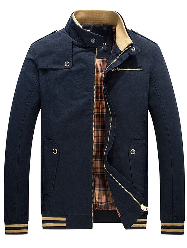 

Zip Insert Stripe Trim Stand Collar Jacket, Cadetblue