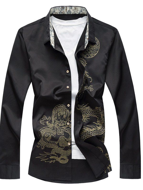 

Button Up Dragon Printed Shirt, Black
