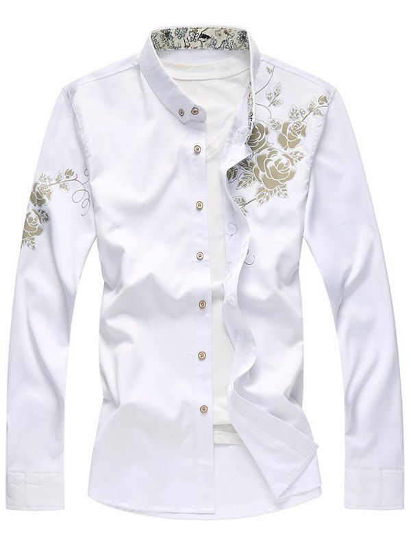 

Long Sleeves Golden Flowers Printed Shirt, White