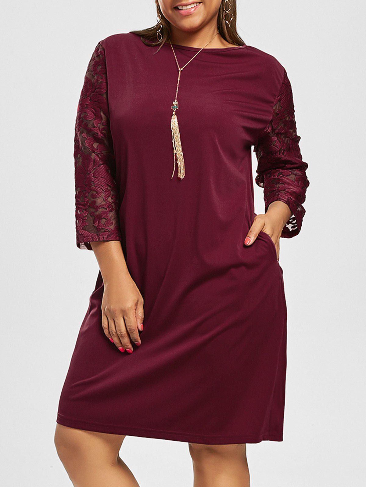 

Lace Trim Knee Length Plus Size Dress, Wine red