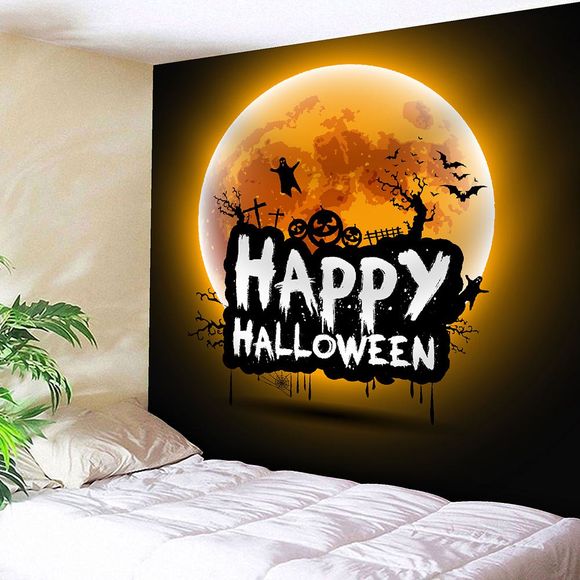 Happy Halloween Moon Housse de mur en velours imperméable à l'eau - Orange W79 INCH * L71 INCH