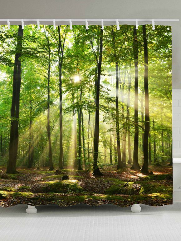 Rideau de Douche Imperméable Motif Forêt et Rayons à Travers les Arbres - Vert W59 INCH * L71 INCH