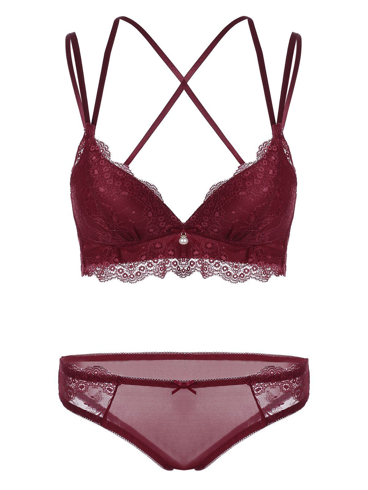 

Lace Criss Cross Padded Bra Set, Wine red