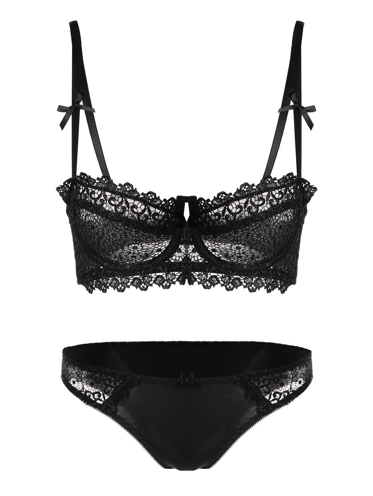 

Embroidered Sheer Underwire Bra Set, Black