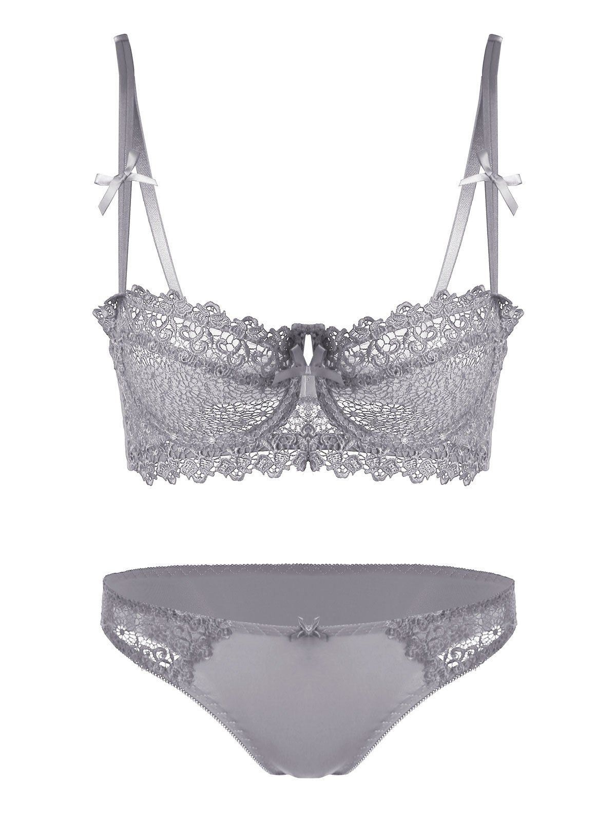 

Embroidered Sheer Underwire Bra Set, Gray