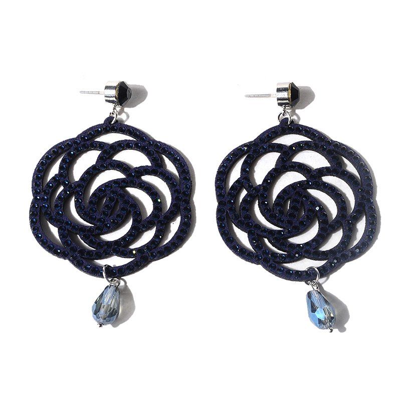 

Rhinestone Teardrop Rose Floral Earrings, Deep blue