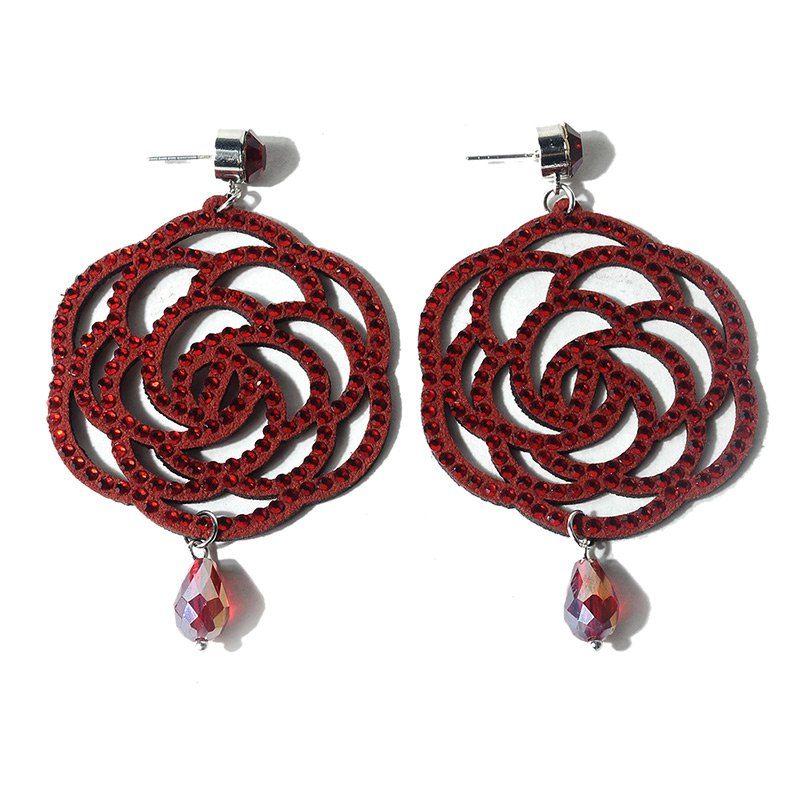 

Rhinestone Teardrop Rose Floral Earrings, Red