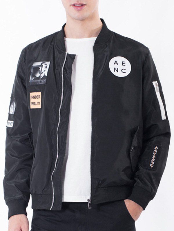 

Rib Stand Collar Pocket Graphic Appliques Zip Up Jacket, Black