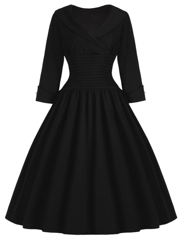 Robe Amincissante à Col Rabattu à Manches 3/4 Vintage pour Femme - Noir S
