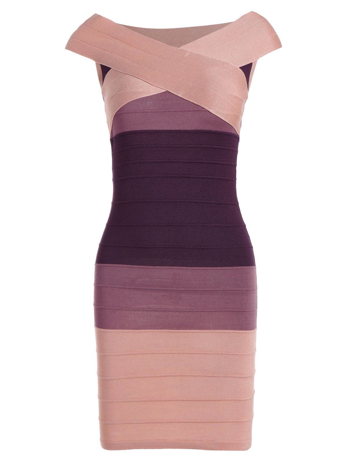 

Cape Sleeve Color Block Striped Bandage Dress, Pink