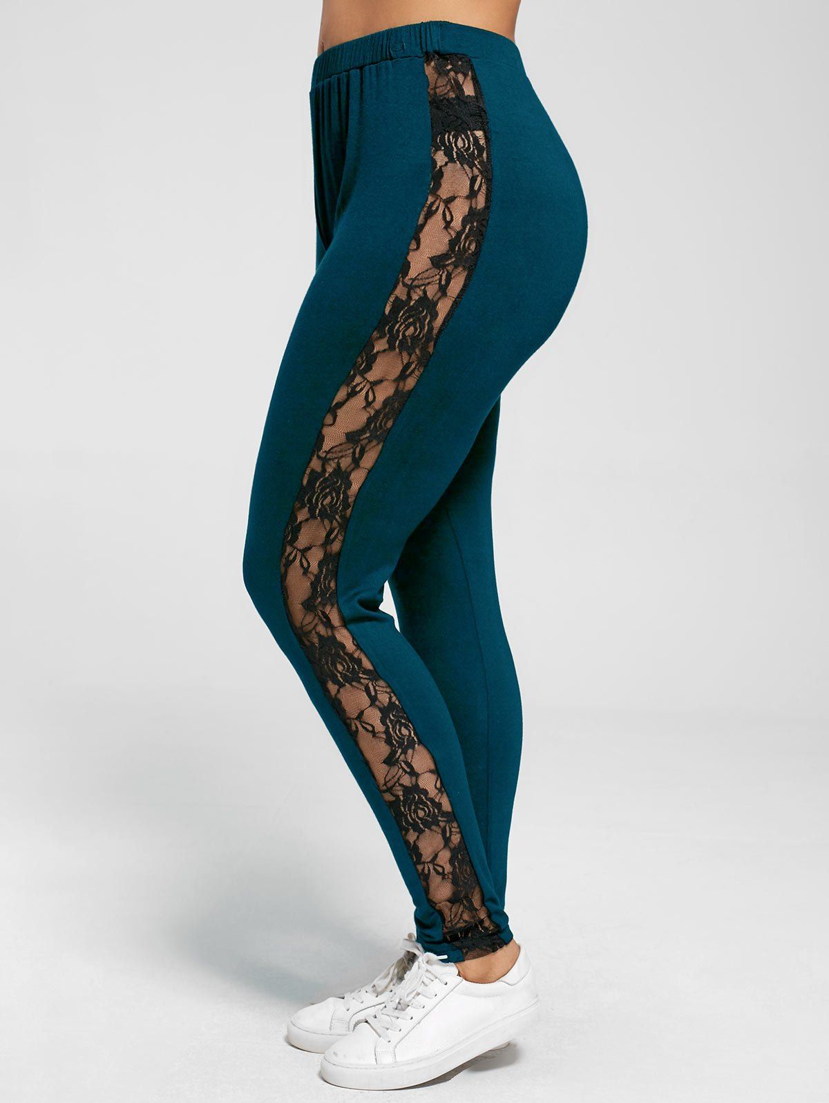 

Plus Size Lace Insert Sheer Leggings, Peacock blue