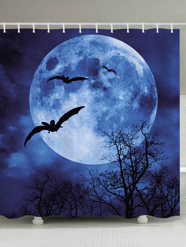

Halloween Moon Bat Print Fabric Bathroom Shower Curtain, Blue