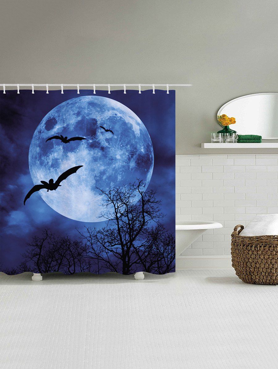 2018 Halloween Moon Bat Print Fabric Bathroom Shower Curtain BLUE W ...