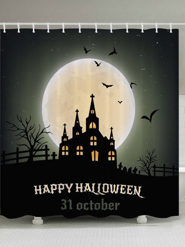 

Halloween Moon Castle Print Fabric Bathroom Shower Curtain, Black