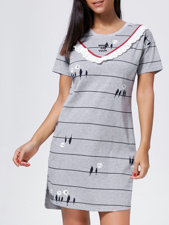 Printed Side Slit Rayé Shift Sleep Dress - Gris XL