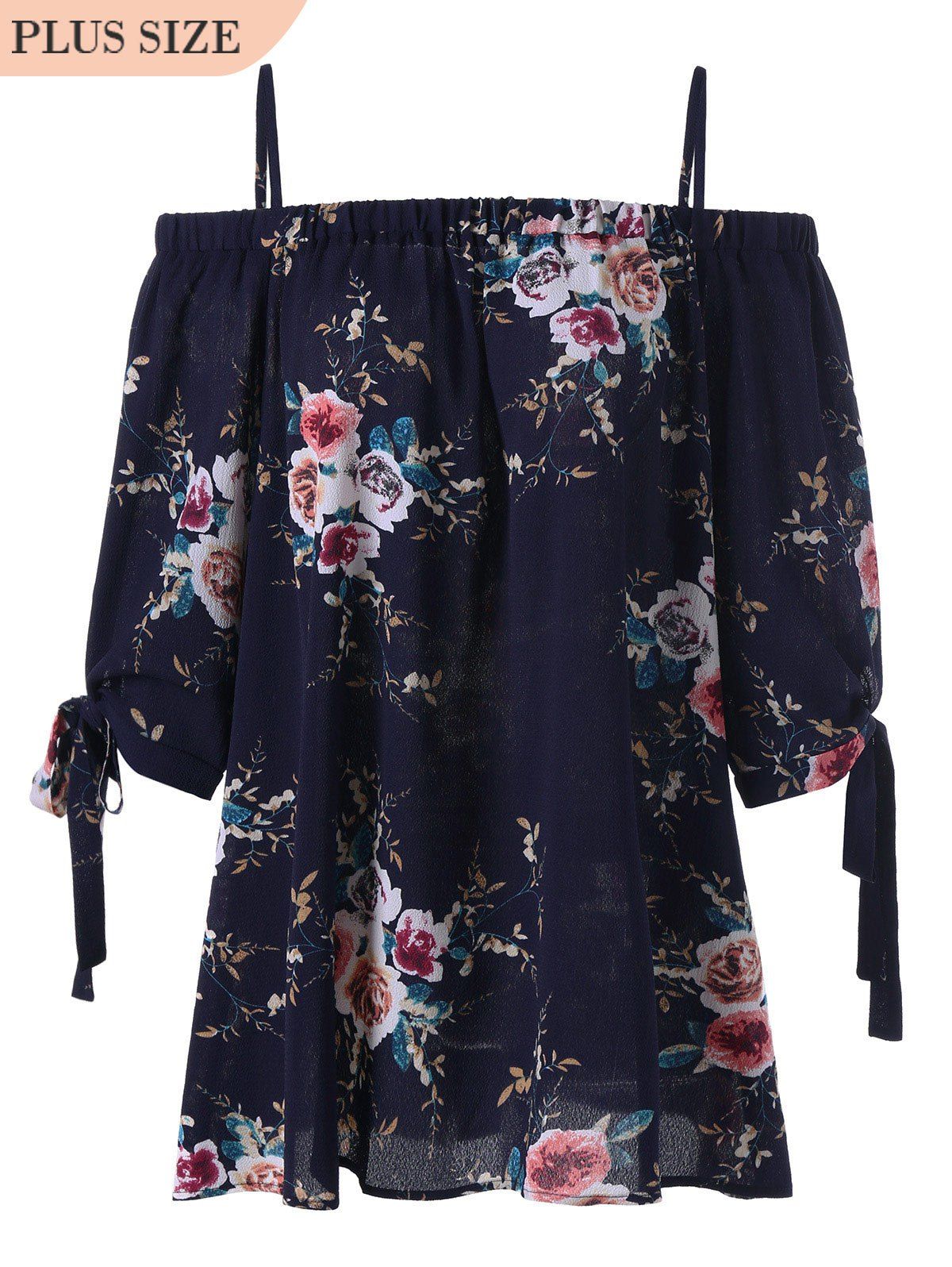 

Plus Size Floral Cold Shoulder Blouse, Purplish blue