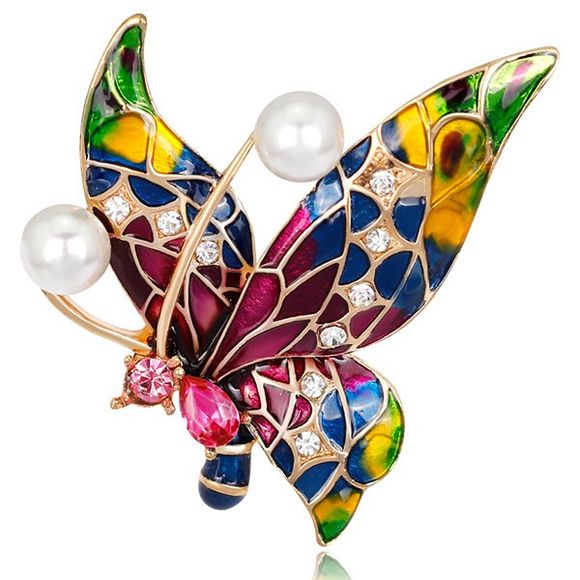 Faux Pearl Enamel Butterfly Multicolor Vintage Brooch - coloré 